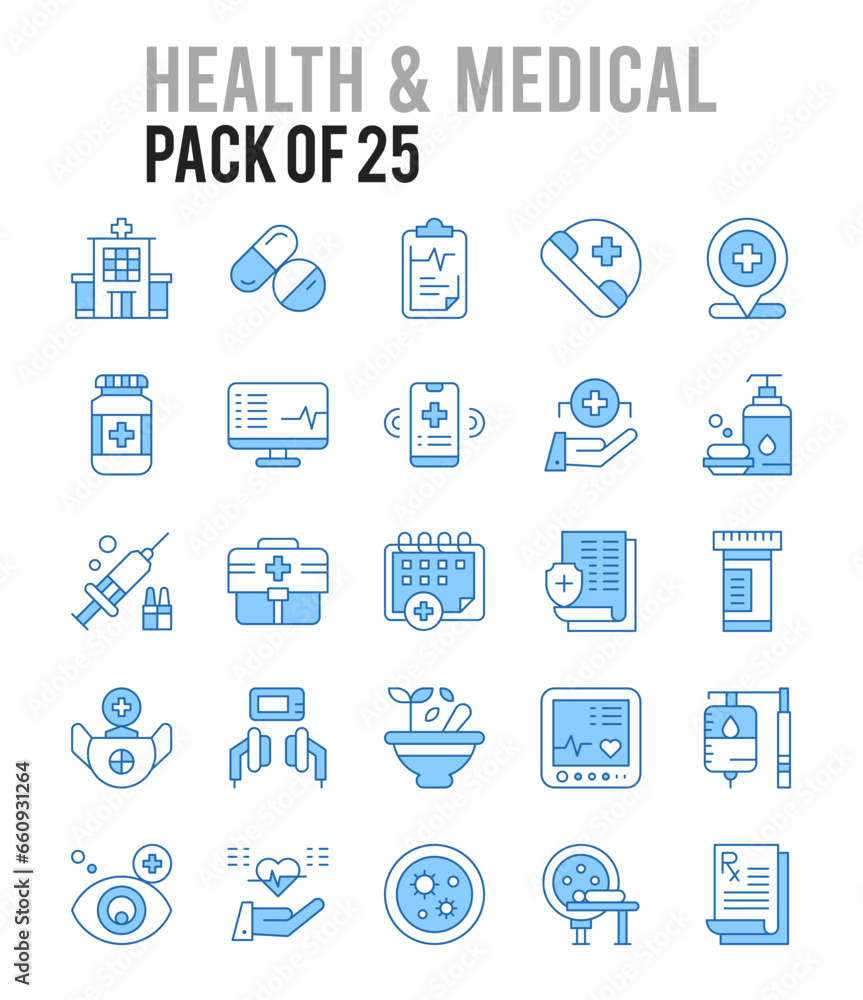 25 Health And Medical. Two Color icons Pack. vector illustration. 25 Health And Medical. Two Color icons Pack. vector illustration.