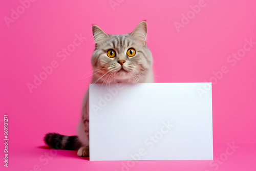 Cat shows a sheet of paper with, standing on a plain pink background.