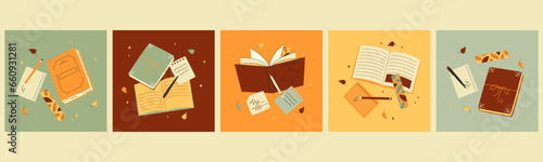 Notebooks, organizers for to do lists, personal plans, goals. Diary with stick notes, bookmarks, envelope, pencil, pen. Set of five isolated Hand drawn modern Vector illustrations