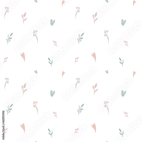 Seamless watercolor floral pattern pink blush flowers elements, green leaves branches on white backgroundfor wrappers, wallpapers, greeting cards, wedding invites photo