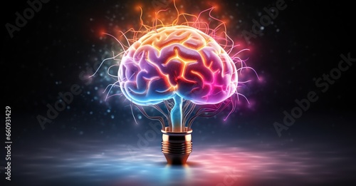 multicolored brain segmented in different subjects, illuminated from within by a radiant light bulb