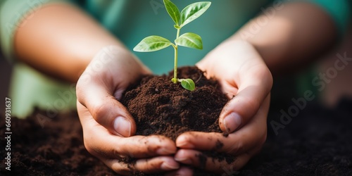 Unrecognizable woman holding a green seedling growing in soil