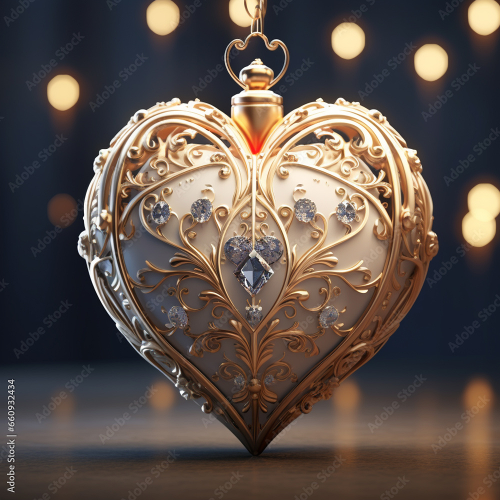 Gold Diamond Heart Shape Christmas Bauble with Bokeh and Blue and Gold Bokeh with Sunset, Luxorious Magical Pastel Christmas New Year Love Valentine Engagement Gift Present. Generative AI.