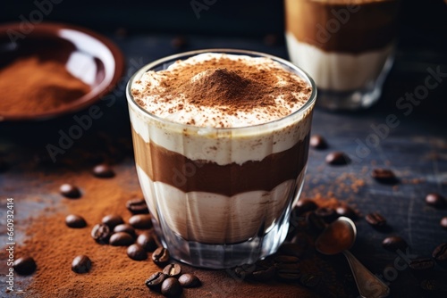 A close-up shot of a creamy Tiramisu Latte with cocoa powder dusting, served in a clear glass on a rustic wooden table