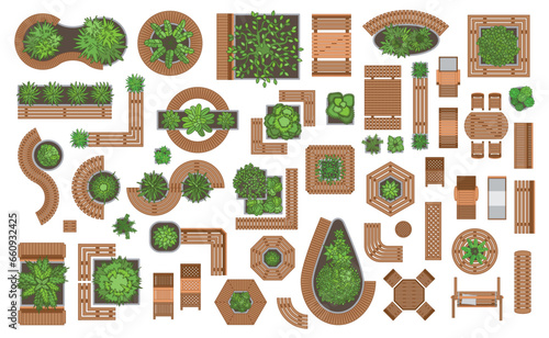 Icons set. Wooden outdoor furniture,  patio items and green plants. (top view) Isolated Vector Illustration. Tables, benches, chairs, sunbeds, swings. (view from above).