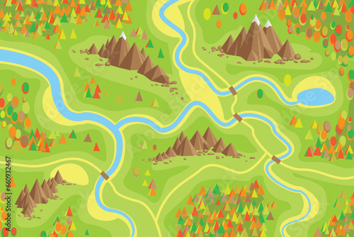 Vector illustration. Top view of the valley.  Earth, grass, mountains, snow, autumn forest, rivers.