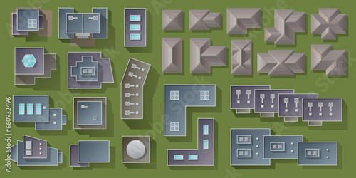 Vector illustration of an overhead view of different types of roofs of modern houses with windows, ventilation. Top view to create an architectural plan of a district, city, village. View from above