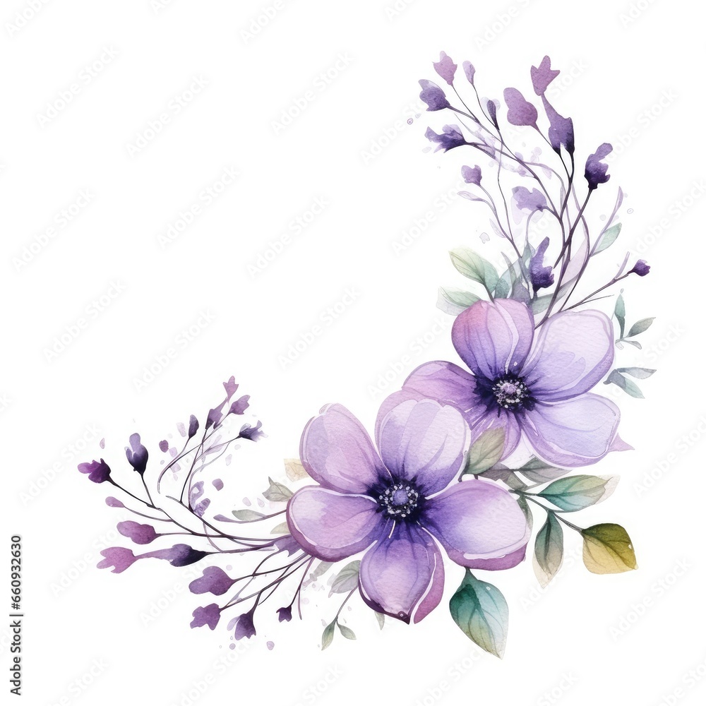 Watercolor floral wreath of purple flowers on a white background, lilac branches and foliage. Botanical illustration of flowers. Wedding decorations for design.