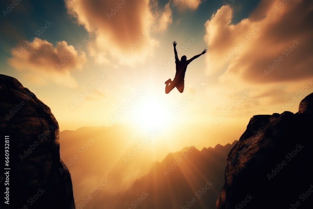 Silhouette Man jumping from cliff. Generative AI Silhouette Man jumping from cliff. Generative AI