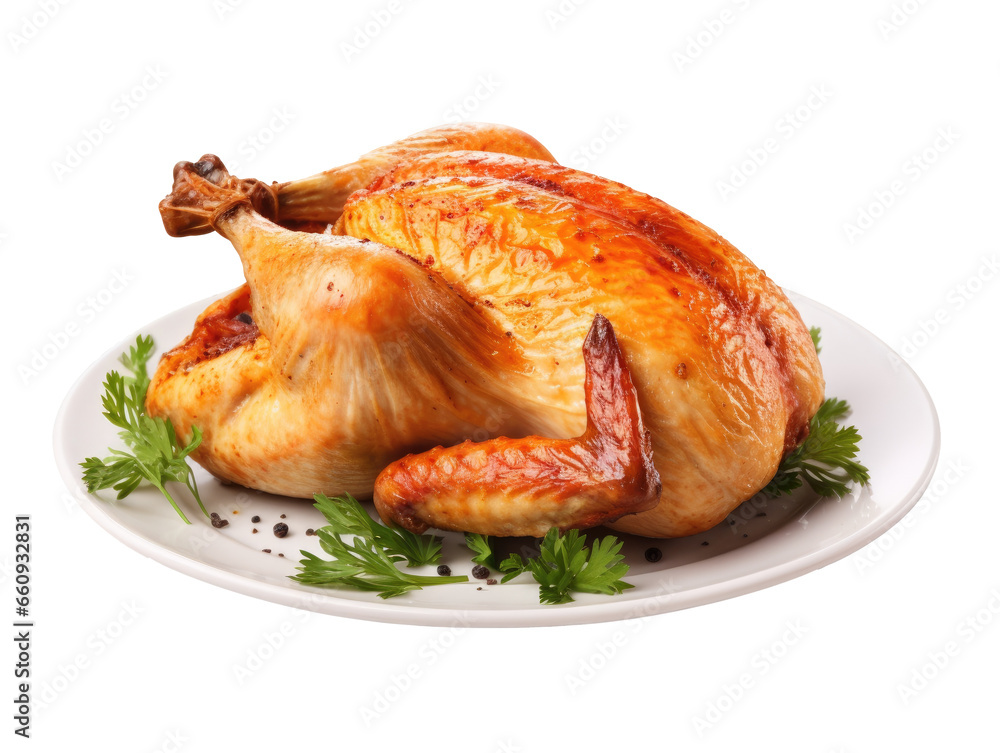 Roasted chicken or turkey on the plate isolated on transparent background, generated by IA Roasted chicken or turkey on the plate isolated on transparent background, generated by IA