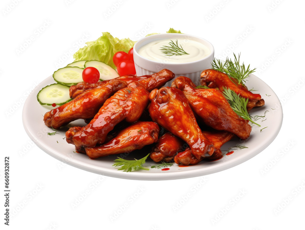grilled chicken wings with white sauce on plate, isolated on transparent background, generated by AI