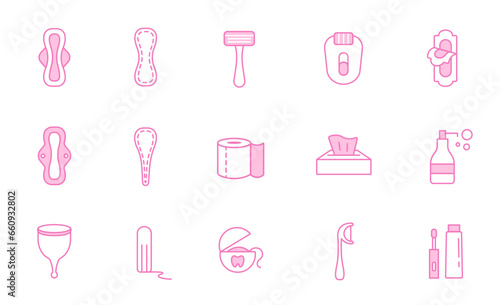 Hygiene Linear Icons Set. Concept of Self Care, Washing, Cleaning, Menstruation. Icon of toilet paper, toothbrush, dental floss, razor, depilator, pads. Pink Vector illustrations in Outline Style