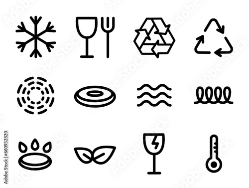Symbols for marking plastic dishes. Signs to indicate properties of a plastic dishes, tableware, dinnerware, induction cooker, electric, gas, safe, recycling. Vector illustration in linear style