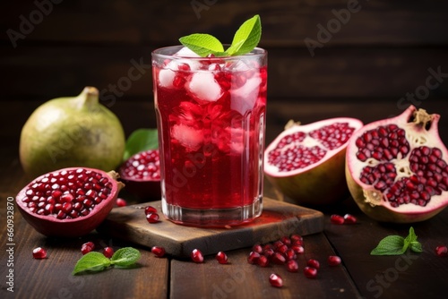 A Refreshing Glass of Homemade Ginger and Pomegranate Soda, Served on a Rustic Wooden Table with Fresh Ingredients Scattered Around