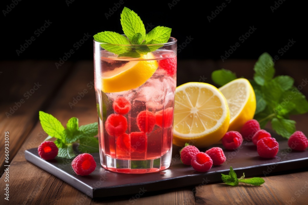 A vibrant, refreshing glass of Raspberry and Lemon Fizz, garnished with fresh mint leaves, served on a rustic wooden table A vibrant, refreshing glass of Raspberry and Lemon Fizz, garnished with fresh mint leaves, served on a rustic wooden table