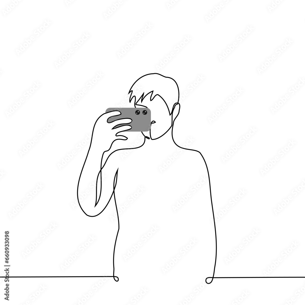 © Kamila Bay - man stands and films on a mobile phone holding the phone horizontally - one line art vector. concept of shooting video or taking mobile photo