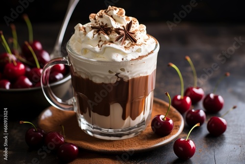 A deliciously tempting close-up shot of a chocolate and cherry coffee, beautifully garnished with whipped cream and a single ripe cherry