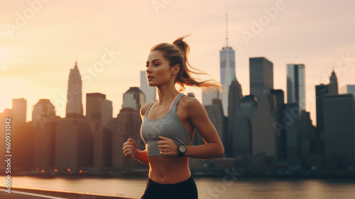 Young woman in sportswear jogging on beach. Female jogger runner running outdoors. Active lifestyle concept.
