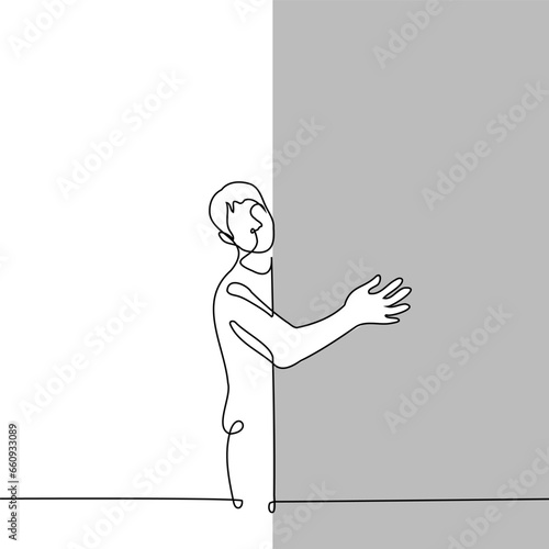 man stands hugging the corner of the wall - one line art vector. concept of intoxication and loss of orientation or loneliness and the desire to hug
