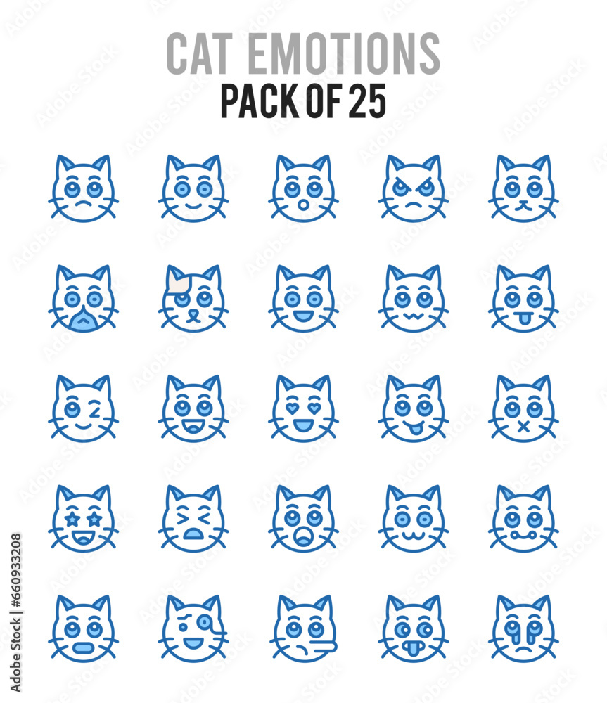 25 Cat Emotions. Two Color icons Pack. vector illustration.