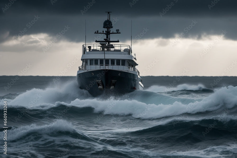 Navigate the dangerous sea or ocean waters with a sizable yacht braving massive waves in this captivating scene. Ai generated Navigate the dangerous sea or ocean waters with a sizable yacht braving massive waves in this captivating scene. Ai generated