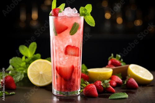 A refreshing summer delight  a beautifully presented lemon and strawberry spritzer  served in a tall glass with ice and garnished with fresh mint leaves