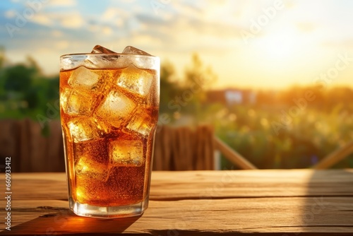 A refreshing glass of Diet Cola, glistening with condensation, sits on a rustic wooden table, bathed in the warm glow of the setting sun