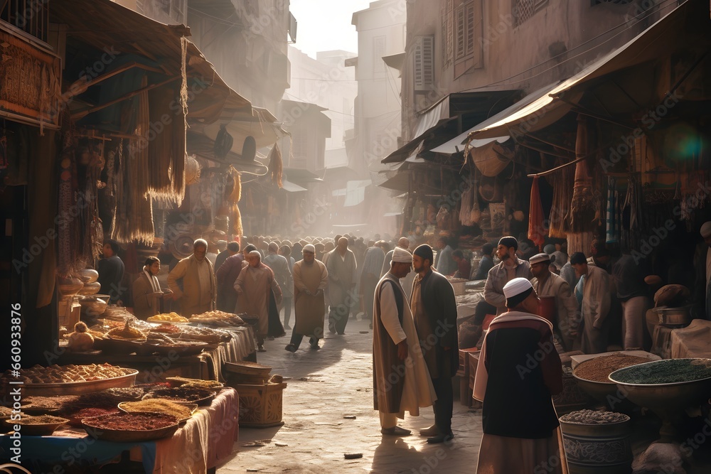 Bustling Ancient Egyptian marketplace filled with merchants and customers, vibrant colors of fabrics and spices, dusty streets with sunlight streaming through. Created with Generative AI	