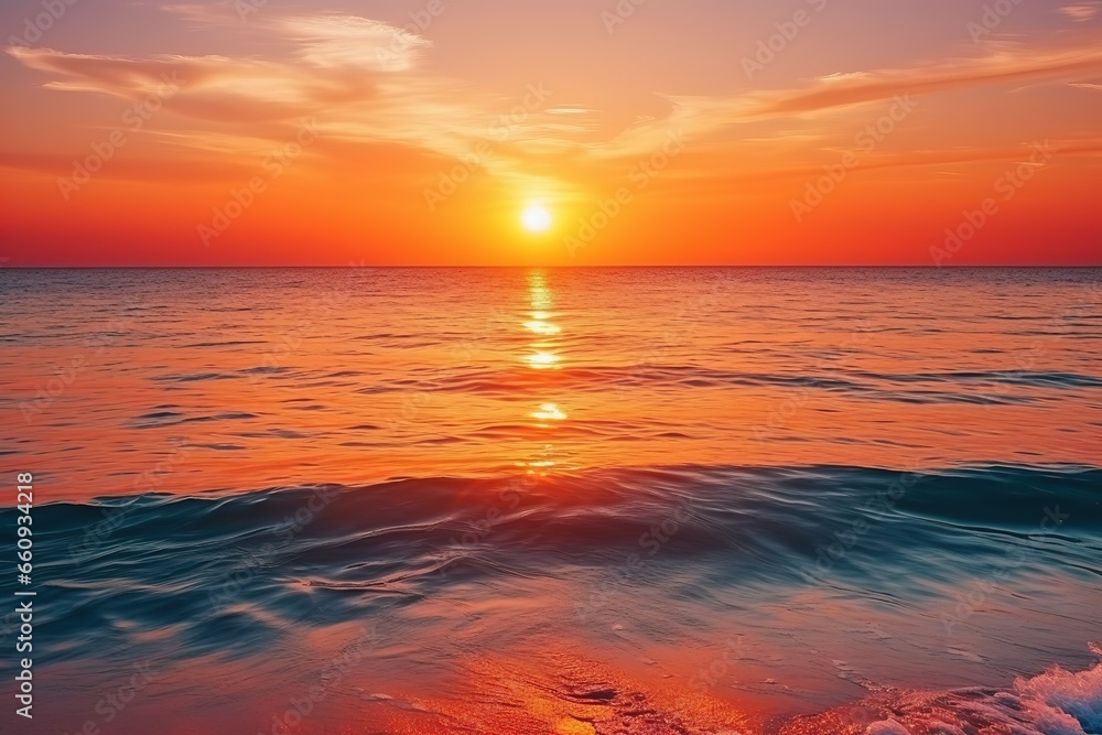 Beautiful flaming sunset landscape on the black sea and orange sky