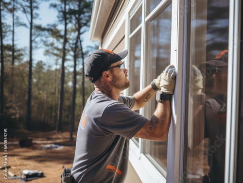 Construction worker in protective gloves installing sliding window in new house photo