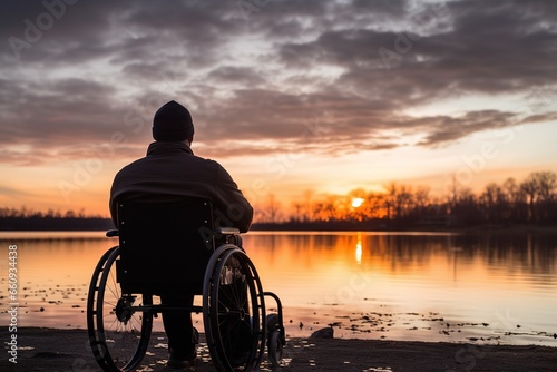 A man in a wheelchair at sunset