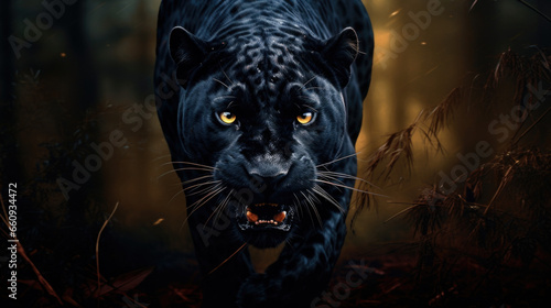 Black Panther in animal forest, black jaguar hunting, Panther hunting, jaguar panther wilderness nature close. © Ruslan Gilmanshin
