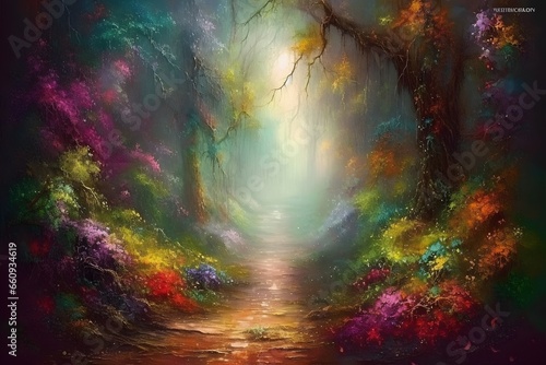 Dense enchanted forest with a hidden path leading into the unknown, ethereal mist, vibrant colors of flora, creating an inviting yet mysterious atmosphere, Artwork. Created with Generative AI 