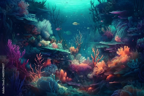 Vibrant underwater coral reef teeming with colorful fish and marine life, crystal-clear waters, capturing the beauty and biodiversity of the ocean. Created with Generative AI