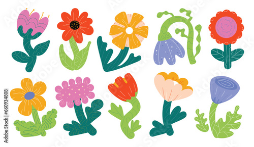 Bold colorful primitive flowers. Naive figures, design elements.