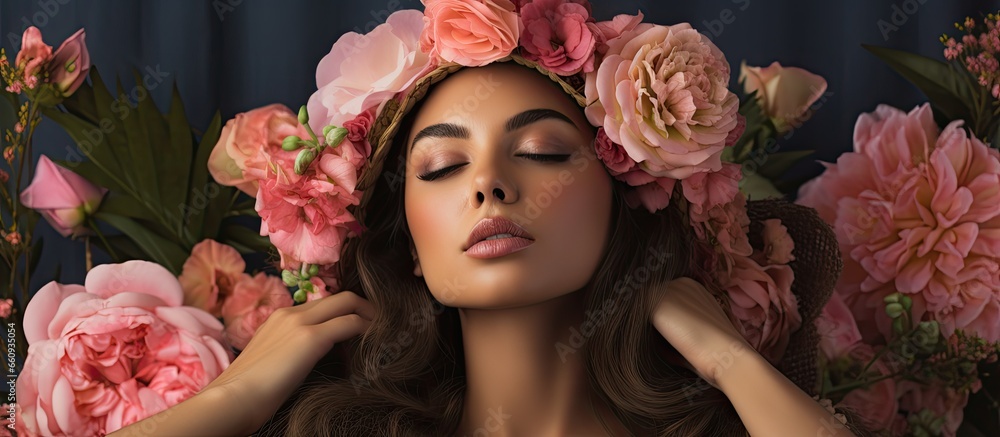 Skincare beauty and relaxation with a woman in a studio surrounded by flowers and a crown creating a zen like atmosphere with cosmetics A Mexican girl model pampering herself with natural a Skincare beauty and relaxation with a woman in a studio surrounded by flowers and a crown creating a zen like atmosphere with cosmetics A Mexican girl model pampering herself with natural a