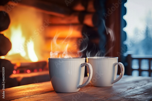 Close up of two mug cups for coffee with smoke behind blurred cozy fireplace in modern country house in background of winter season. Lifestyle concept of drinks and rest.