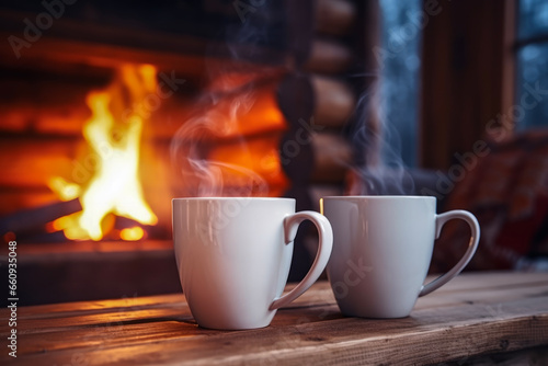 Close up of two mug cups for coffee with smoke behind blurred cozy fireplace in modern country house in background of winter season. Lifestyle concept of drinks and rest.