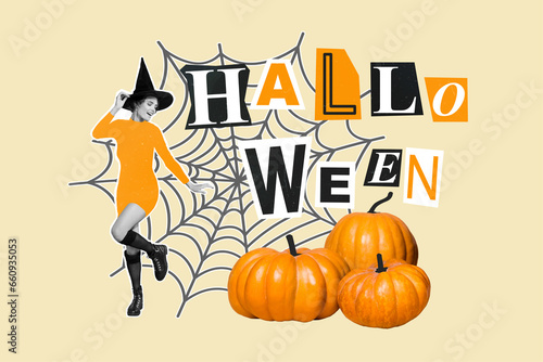Creative collage of positive black white colors enchant girl dancing enjoy halloween party pumpkins spider web isolated on beige background