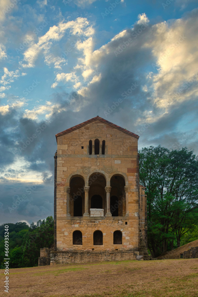 A front view of the Pre-Romanesque church of Santa Maria del Naranco in Oviedo, Spain.