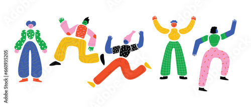 A collection of abstract diverse hand-drawn characters in different poses. Bright, humanized bots for website and application design.