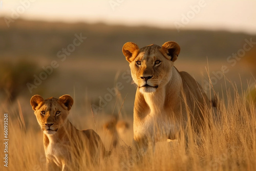 Witness the beauty of motherhood as a lioness gracefully navigates the vast savannah landscape with her adorable little cubs. Ai generated