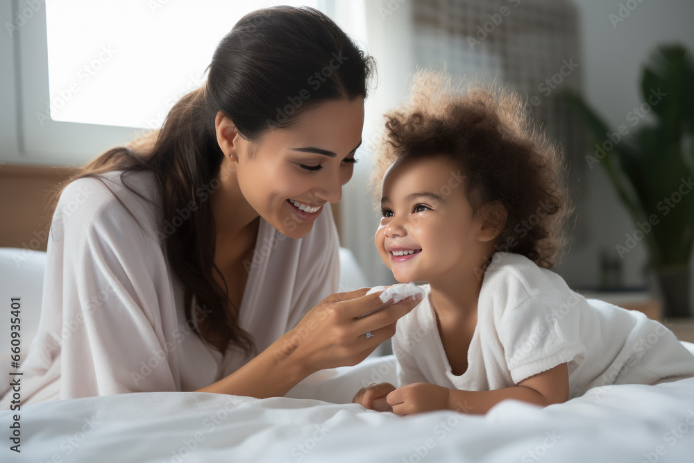 Indian daughter and her mother using moisturizer cream. Indian daughter and her mother using moisturizer cream.