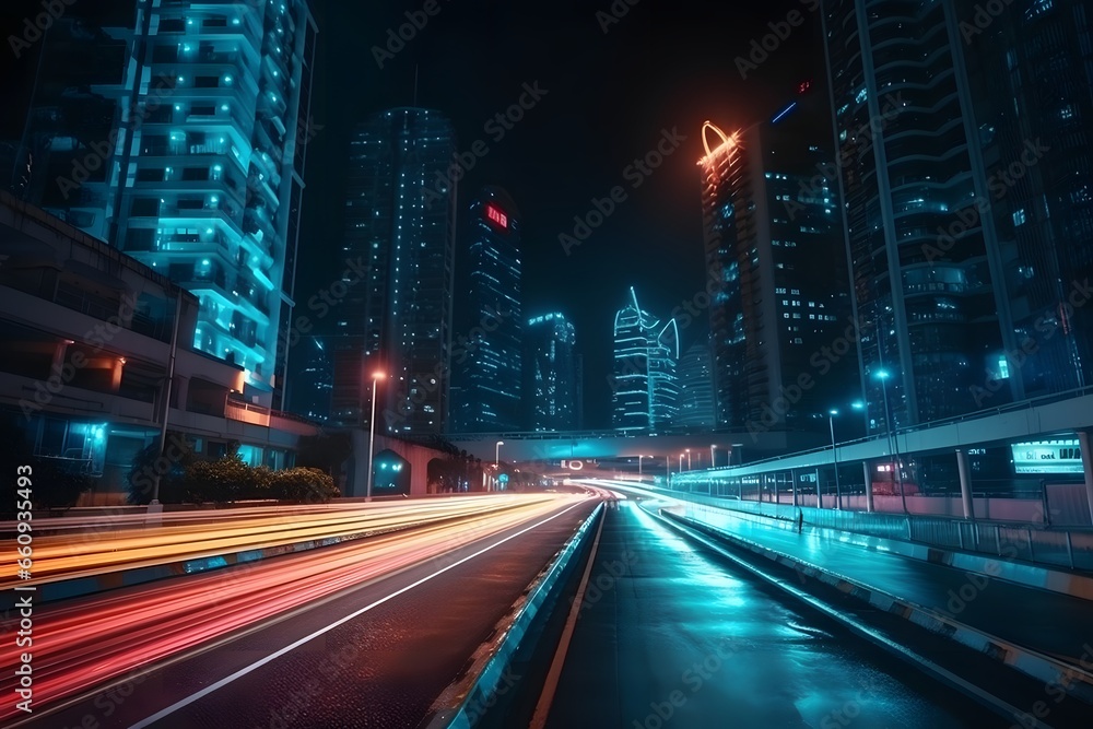 Futuristic cityscape at night, neon-lit skyscrapers reaching into the sky, flying cars zooming through illuminated highways, a sense of awe and excitement. Created with Generative AI	