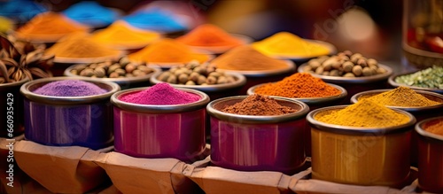 Spices in vibrant containers at an oriental market With copyspace for text