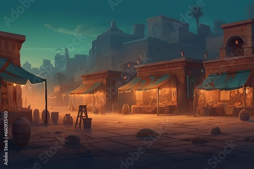 Deserted Ancient Egyptian marketplace at dusk, abandoned stalls covered in sand, ancient ruins in the background, eerie atmosphere with a touch of mystery, Illustration, Created with Generative AI 