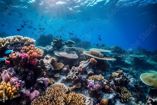 Vibrant underwater coral reef teeming with colorful fish and marine life  crystal-clear waters  capturing the beauty and biodiversity of the ocean. Created with Generative AI