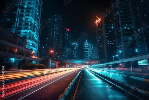 Futuristic cityscape at night  neon-lit skyscrapers reaching into the sky  flying cars zooming through illuminated highways  a sense of awe and excitement. Created with Generative AI 