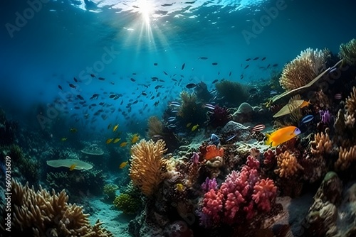 Vibrant underwater coral reef teeming with colorful fish and marine life, crystal-clear waters, capturing the beauty and biodiversity of the ocean. Created with Generative AI © Thomas