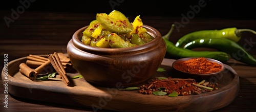 Spicy green mango pickle on wooden board With copyspace for text